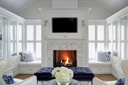 Cosy blue and white bedroom with fireplace. Friday's Favourites Gallerie B blog