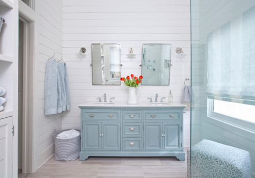 Coastal blue bathroom with shiplap walls. Friday's Favourites, Gallerie B blog