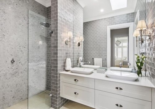Hamptons style ensuite with grey subway tiles. Friday's Favourites