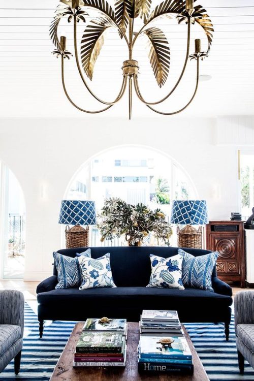 Rattan lighting adds a coastal touch.