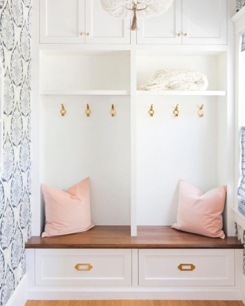 A pretty mudroom with feature wallpaper and beaded chandelier. Friday's Favourites.
