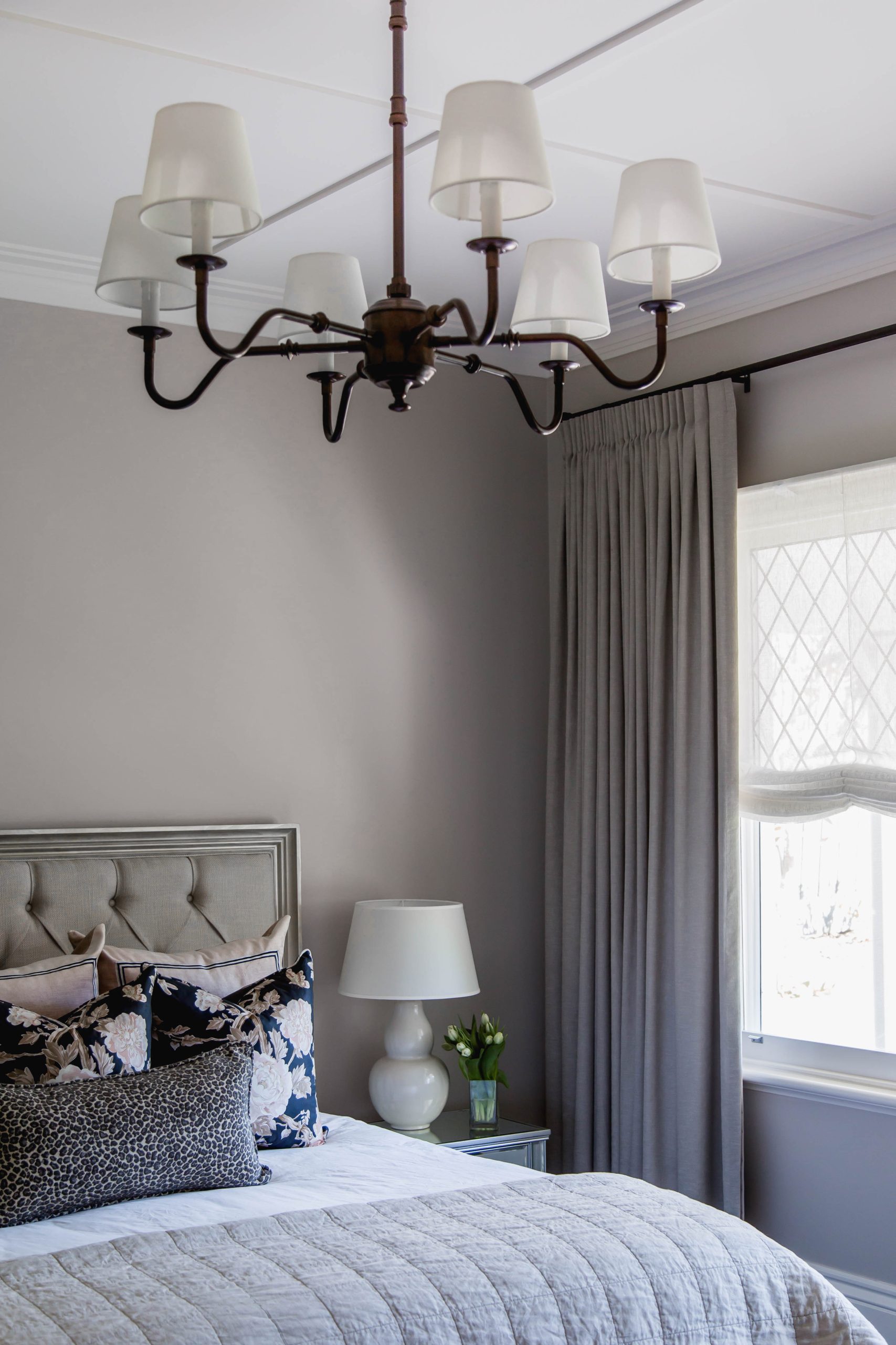 Master Bedroom layers; curtains, lighting and cushions.